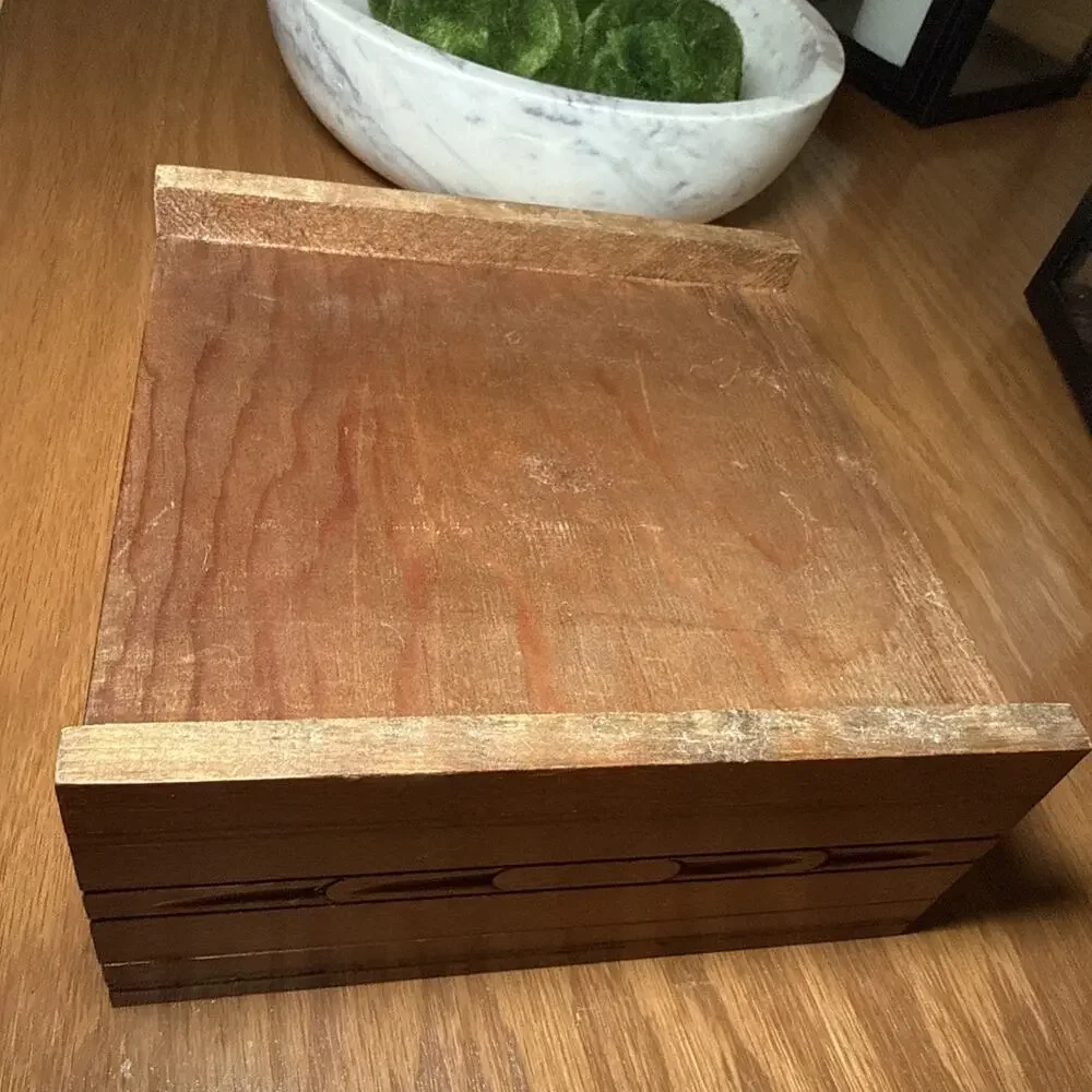Vintage Carved Wood Tile Top Box Boho Jewelry Keepsake Rustic Decor 7x7x3.25